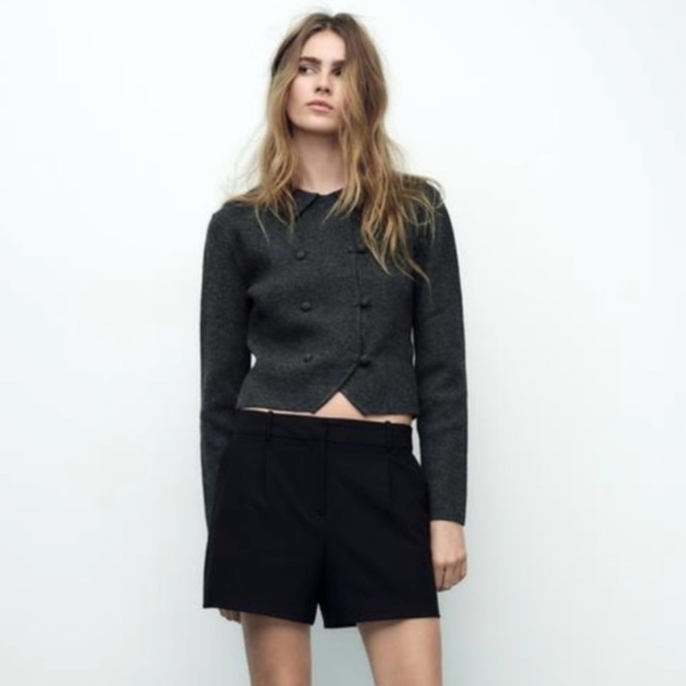 Zara charcoal Gray cropped double breasted Blazer jacket wool blend small